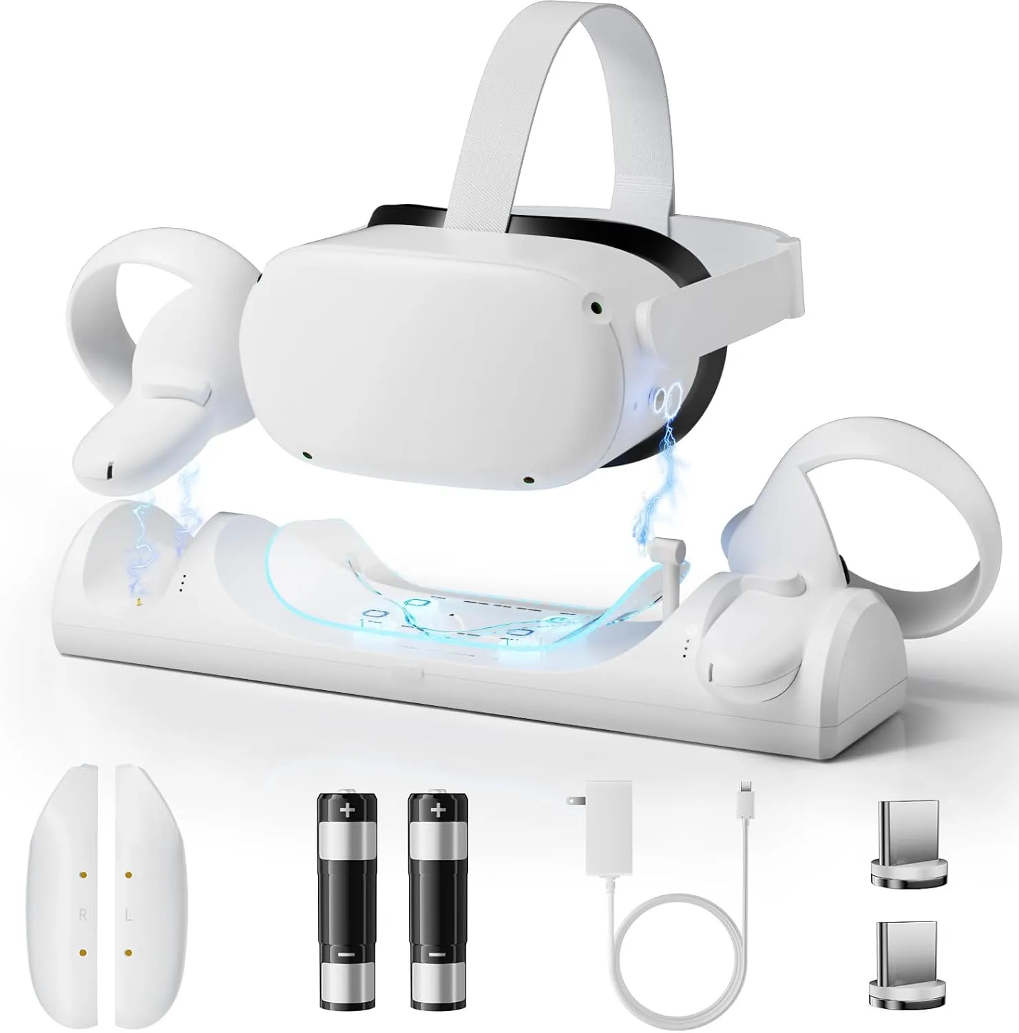 Magnetic VR Charging Dock for Meta Quest 2 & Controllers, Fast Simultaneous Charging Station with 2000mAh Rechargeable Batteries, LED Indicators, USB-C Adapter & Safety Protection