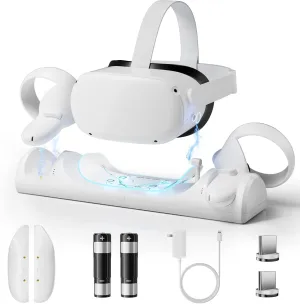 Magnetic VR Charging Dock for Meta Quest 2 & Controllers, Fast Simultaneous Charging Station with 2000mAh Rechargeable Batteries, LED Indicators, USB-C Adapter & Safety Protection