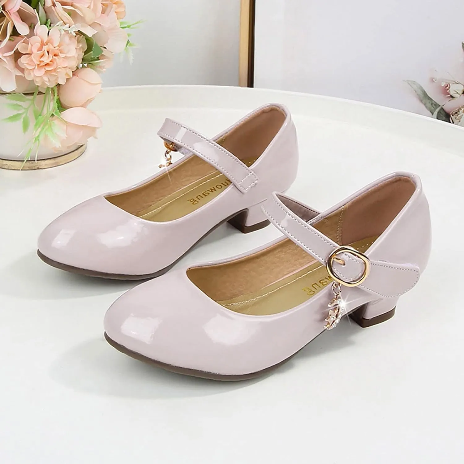 Mary Jane Heels Shoes for Girls Low Heel Dress Shoes Flower Kids School Patent Leather Faux Shoes for Wedding Party