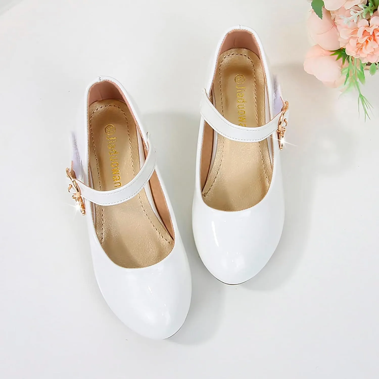 Mary Jane Heels Shoes for Girls Low Heel Dress Shoes Flower Kids School Patent Leather Faux Shoes for Wedding Party
