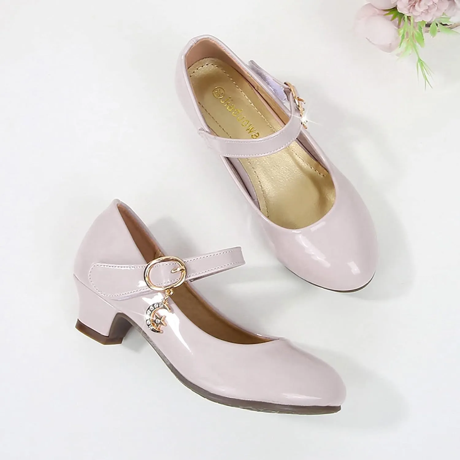 Mary Jane Heels Shoes for Girls Low Heel Dress Shoes Flower Kids School Patent Leather Faux Shoes for Wedding Party