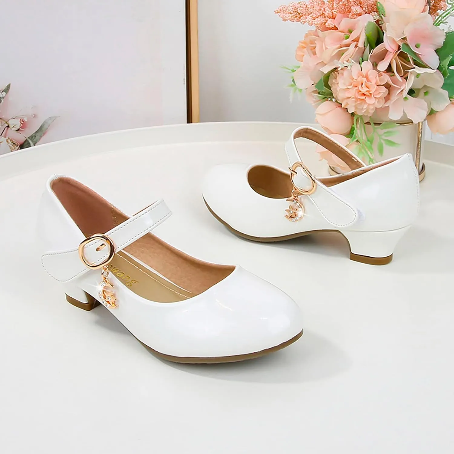 Mary Jane Heels Shoes for Girls Low Heel Dress Shoes Flower Kids School Patent Leather Faux Shoes for Wedding Party