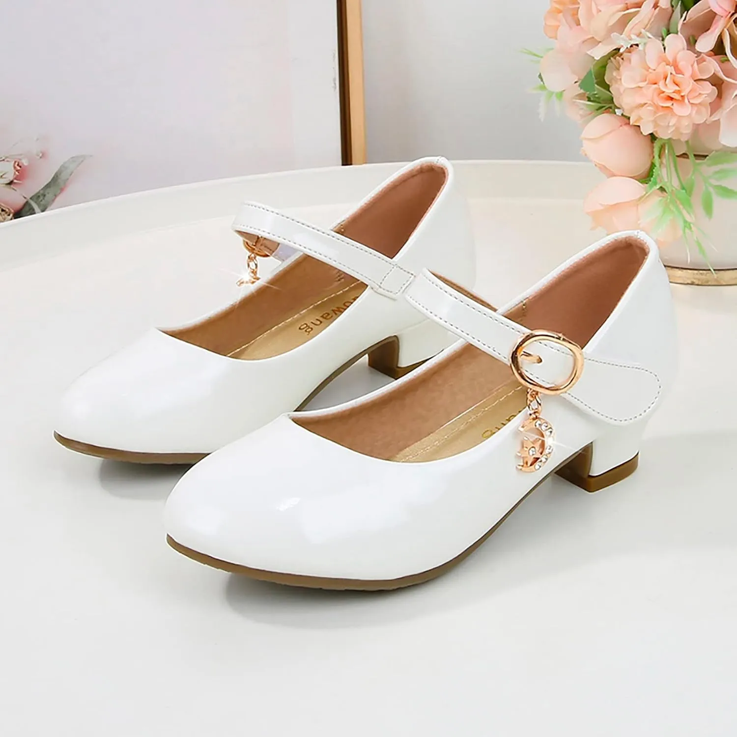 Mary Jane Heels Shoes for Girls Low Heel Dress Shoes Flower Kids School Patent Leather Faux Shoes for Wedding Party