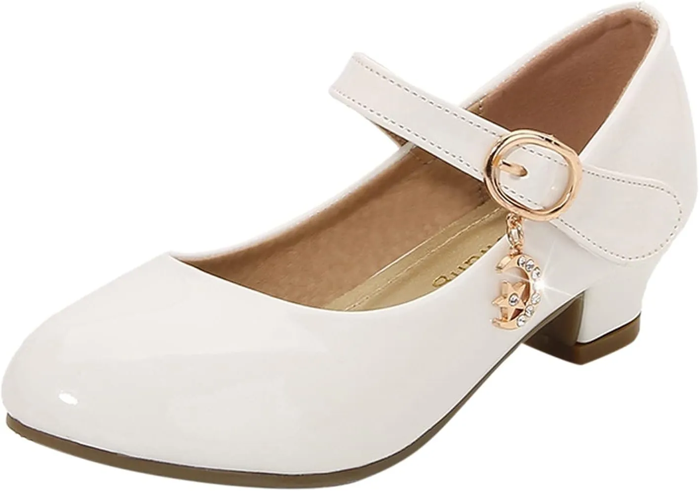 Mary Jane Heels Shoes for Girls Low Heel Dress Shoes Flower Kids School Patent Leather Faux Shoes for Wedding Party