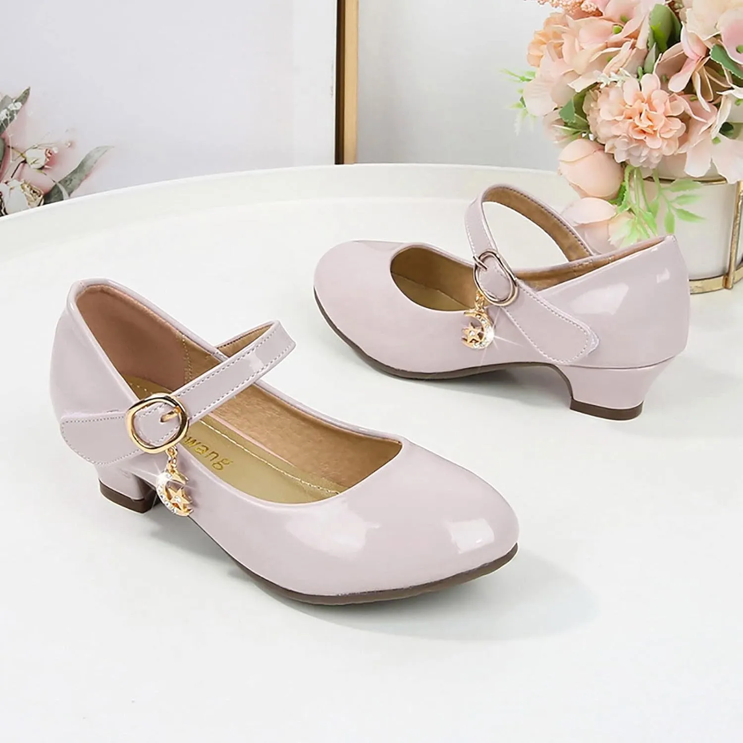 Mary Jane Heels Shoes for Girls Low Heel Dress Shoes Flower Kids School Patent Leather Faux Shoes for Wedding Party