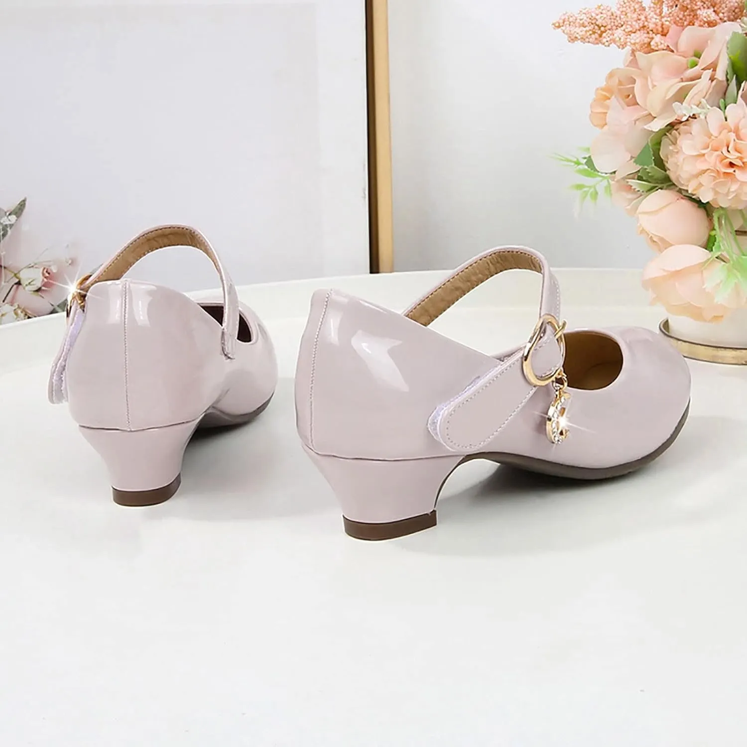 Mary Jane Heels Shoes for Girls Low Heel Dress Shoes Flower Kids School Patent Leather Faux Shoes for Wedding Party