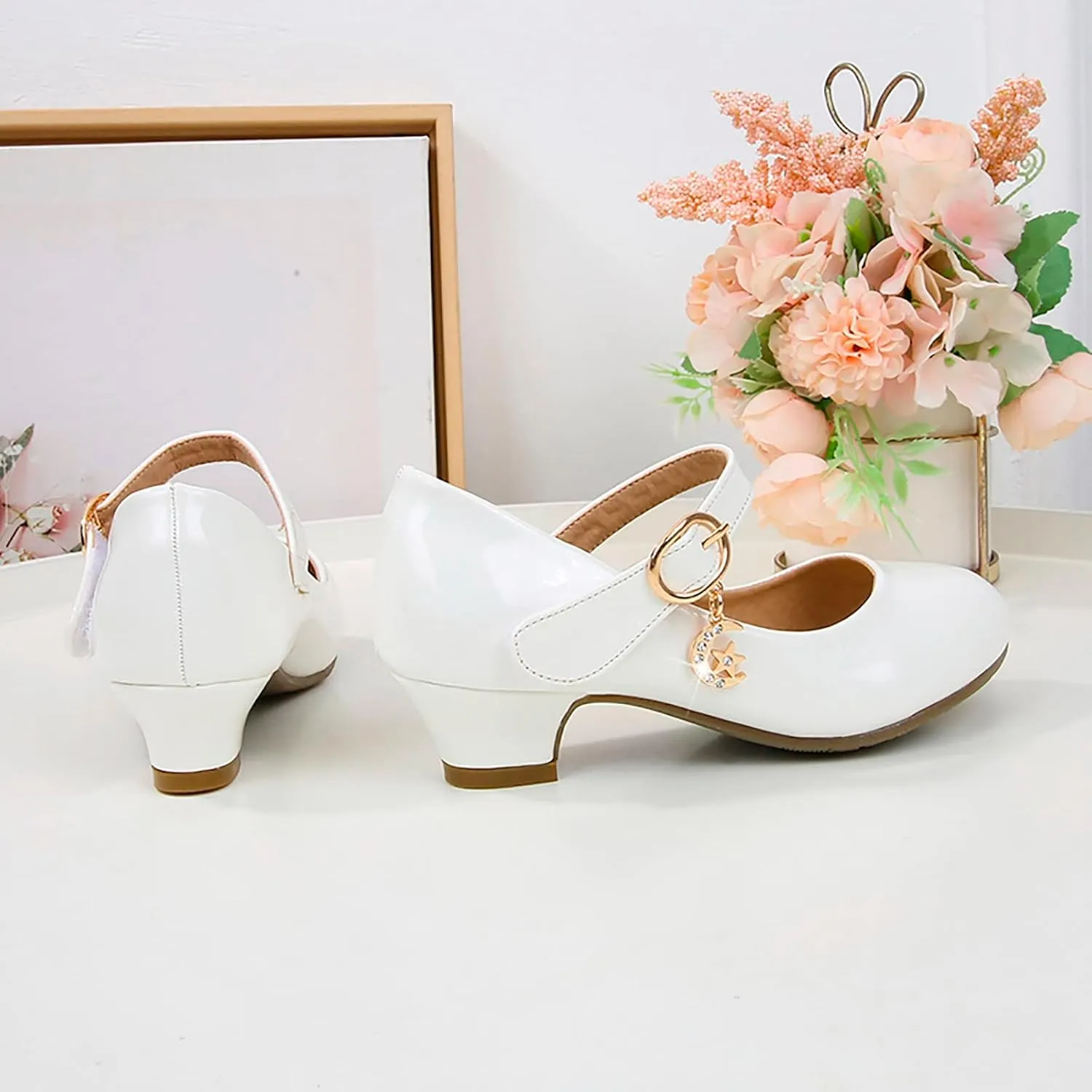 Mary Jane Heels Shoes for Girls Low Heel Dress Shoes Flower Kids School Patent Leather Faux Shoes for Wedding Party