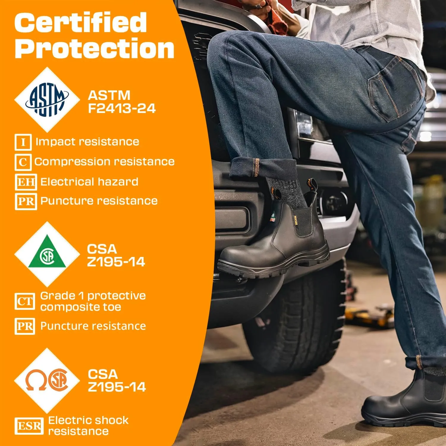 Men's ASTM & CSA Certified Composite Toe Chelsea Work Boots  100% Leather, Lightweight, I/C/EH/PR/ESR, Oil/Slip/Heat Resistant, Rubber Outsole, Safety Boots 5666