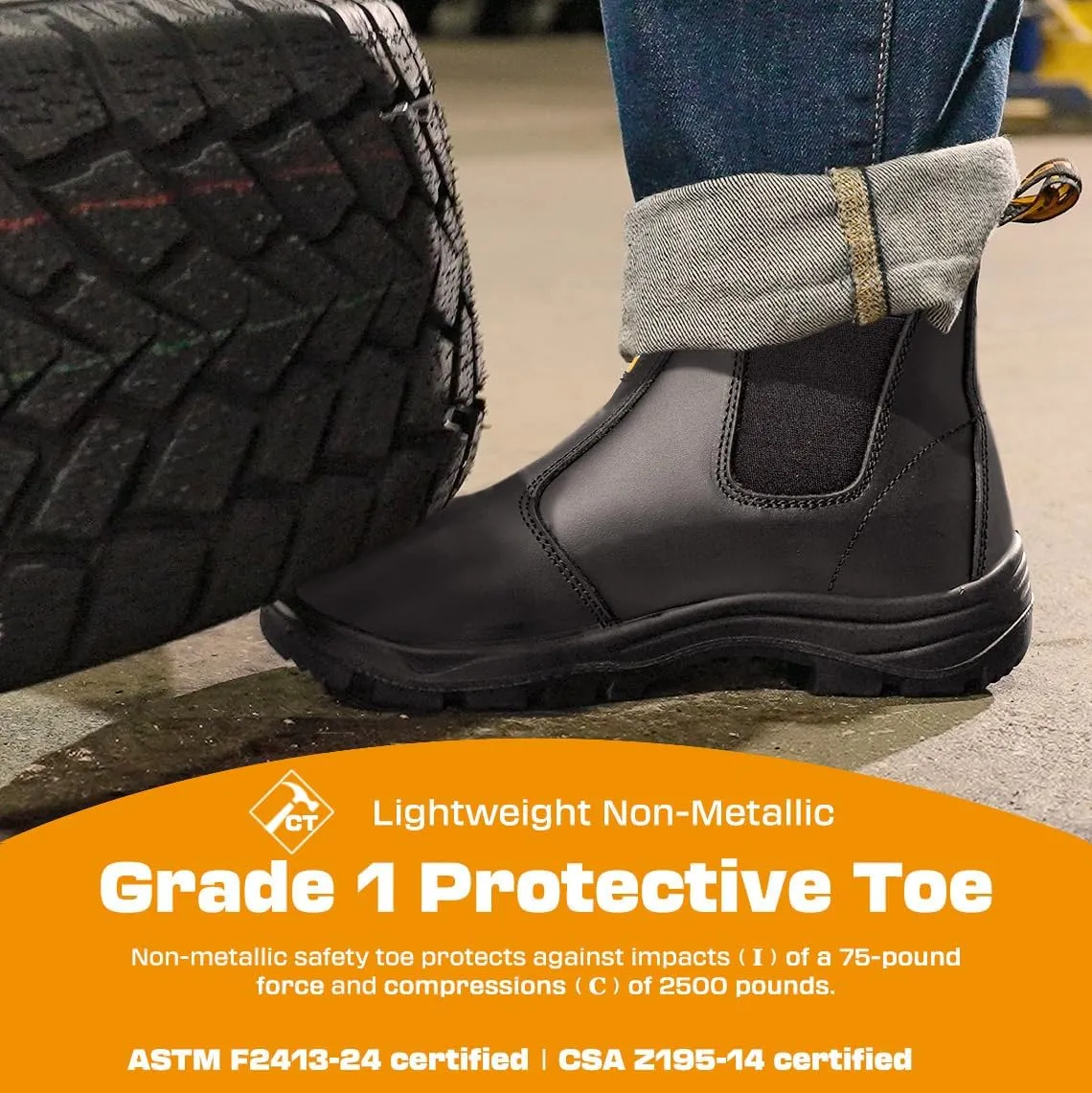 Men's ASTM & CSA Certified Composite Toe Chelsea Work Boots  100% Leather, Lightweight, I/C/EH/PR/ESR, Oil/Slip/Heat Resistant, Rubber Outsole, Safety Boots 5666