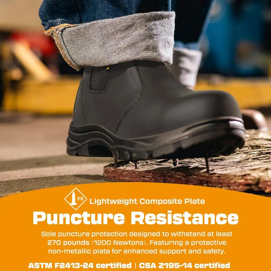 Men's ASTM & CSA Certified Composite Toe Chelsea Work Boots  100% Leather, Lightweight, I/C/EH/PR/ESR, Oil/Slip/Heat Resistant, Rubber Outsole, Safety Boots 5666