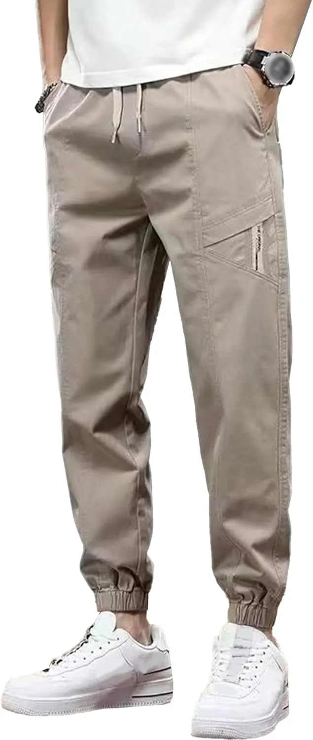 Men's Elastic Waist Outdoor Pants Twill Casual Regular Fit Cargo Trousers Solid Drawstring Tapered Pants