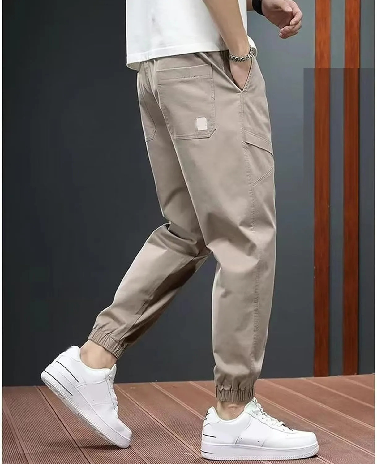 Men's Elastic Waist Outdoor Pants Twill Casual Regular Fit Cargo Trousers Solid Drawstring Tapered Pants
