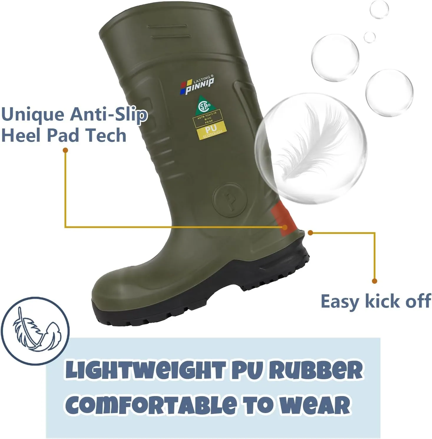 Mens PU Rubber Work Boots With Steel Toe & Shank - Waterproof Anti-slip Mud Rain Boots Hunting Boots ASTM F2413-18 Acid & Oil Resistant