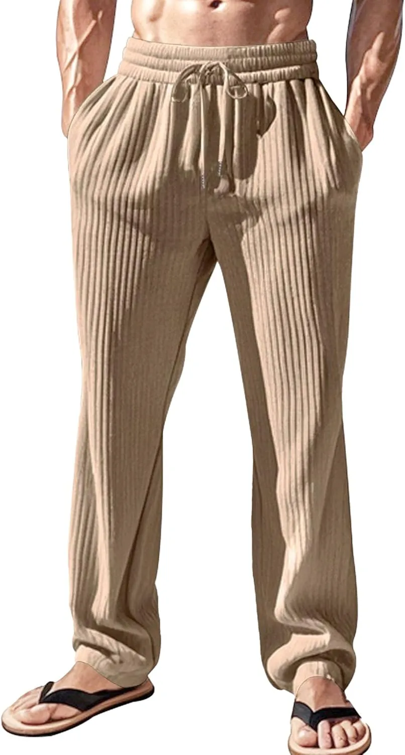 Men's Straight Leg Ribbed Outdoor Pants Casual Solid Textured Trousers Loose Fit Drawstring Comfort Sweatpants
