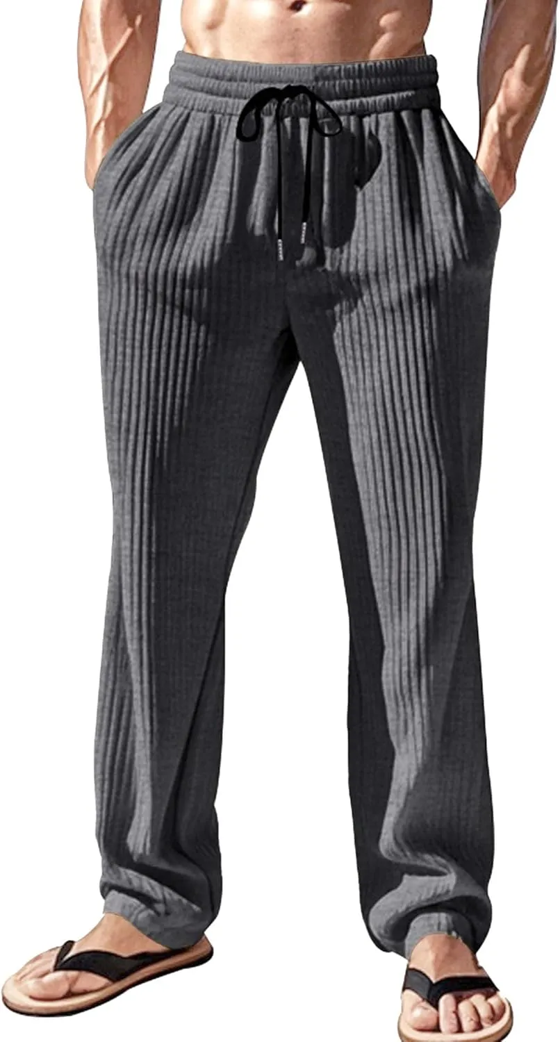 Men's Straight Leg Ribbed Outdoor Pants Casual Solid Textured Trousers Loose Fit Drawstring Comfort Sweatpants