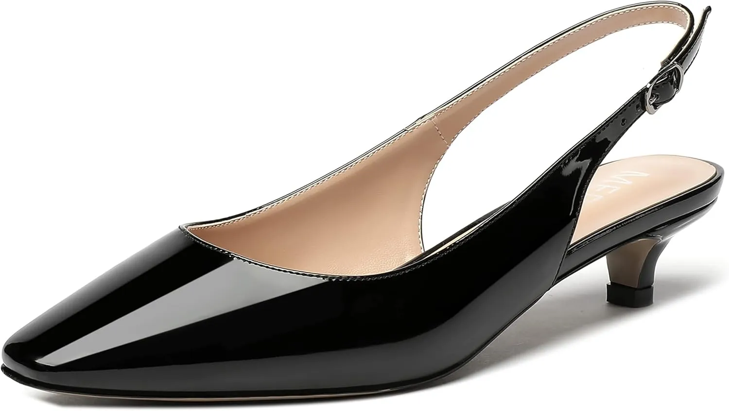MERRORI Women's Slingback Buckle Patent Square Toe Kitten Low Heel Pumps Business Work Dress Shoes 1.5 Inch