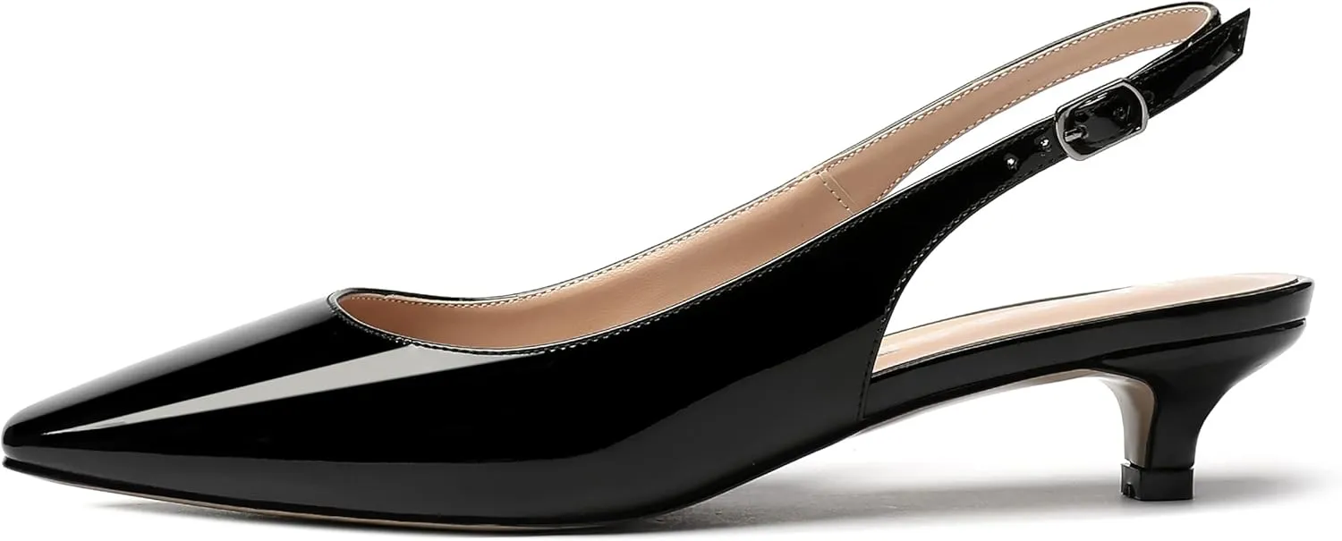 MERRORI Women's Slingback Buckle Patent Square Toe Kitten Low Heel Pumps Business Work Dress Shoes 1.5 Inch