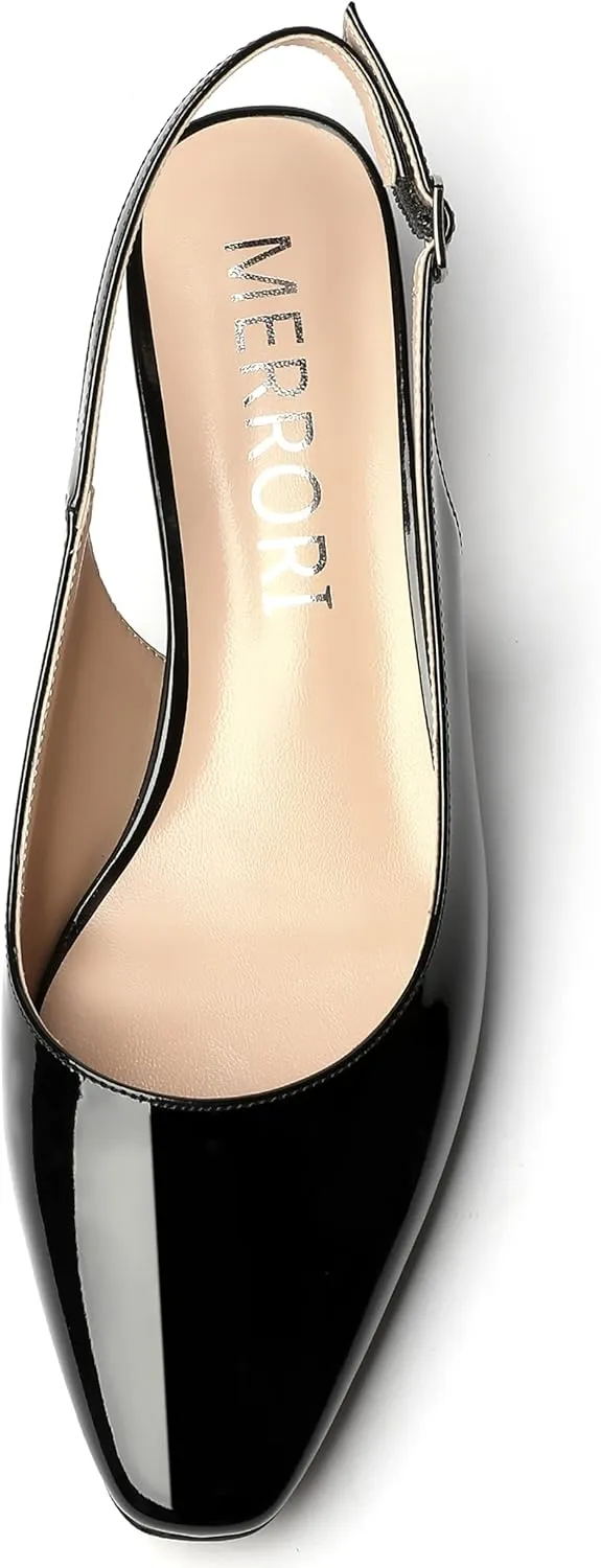 MERRORI Women's Slingback Buckle Patent Square Toe Kitten Low Heel Pumps Business Work Dress Shoes 1.5 Inch