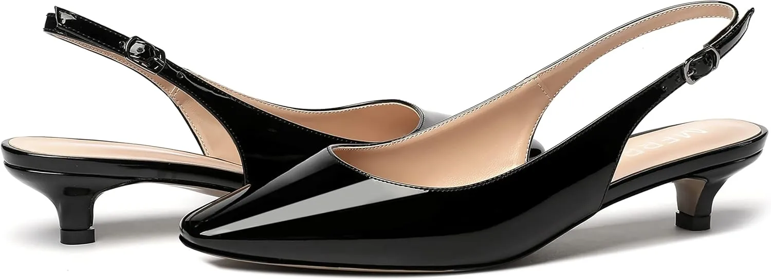 MERRORI Women's Slingback Buckle Patent Square Toe Kitten Low Heel Pumps Business Work Dress Shoes 1.5 Inch