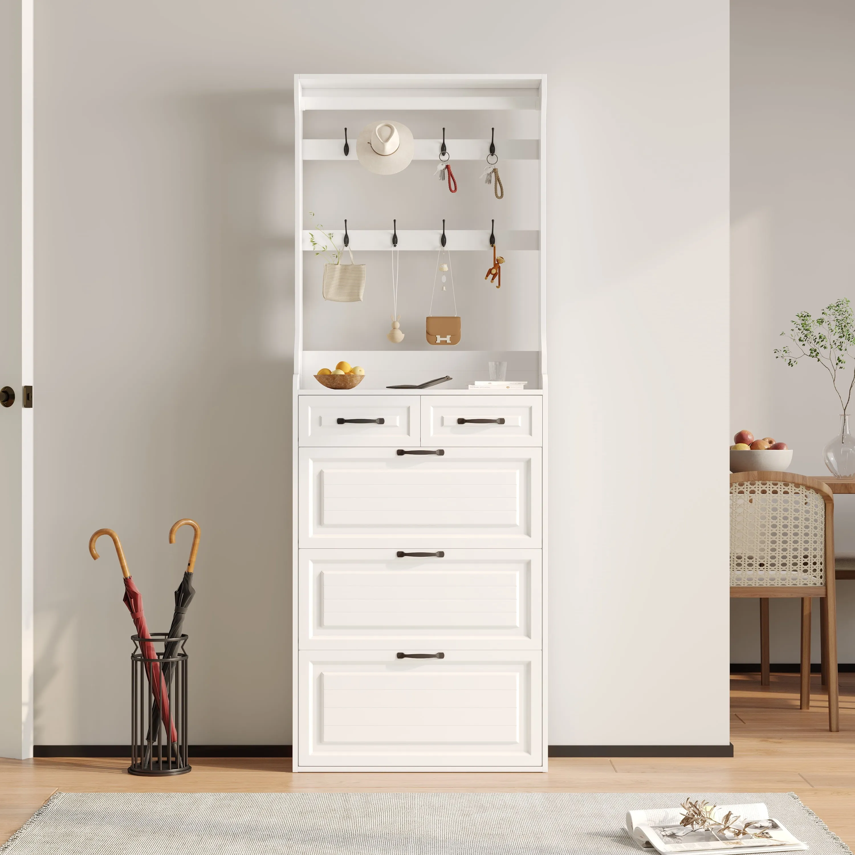 modern 3 Flip Drawers Shoe Cabinet Shoe Rack with Drawer & Coat Hooks for Entryway Free,Light Brown