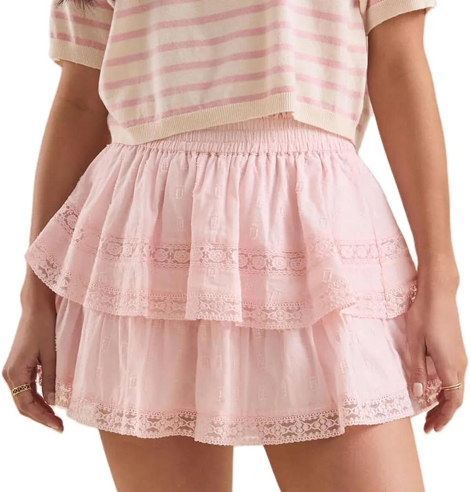 Mxiqqpltky Women Y2K Lace Trim Mini Skirt Cute Floral Print High Waist Tiered Ruffle Skorts Summer Flowy A-line Skirt Shorts