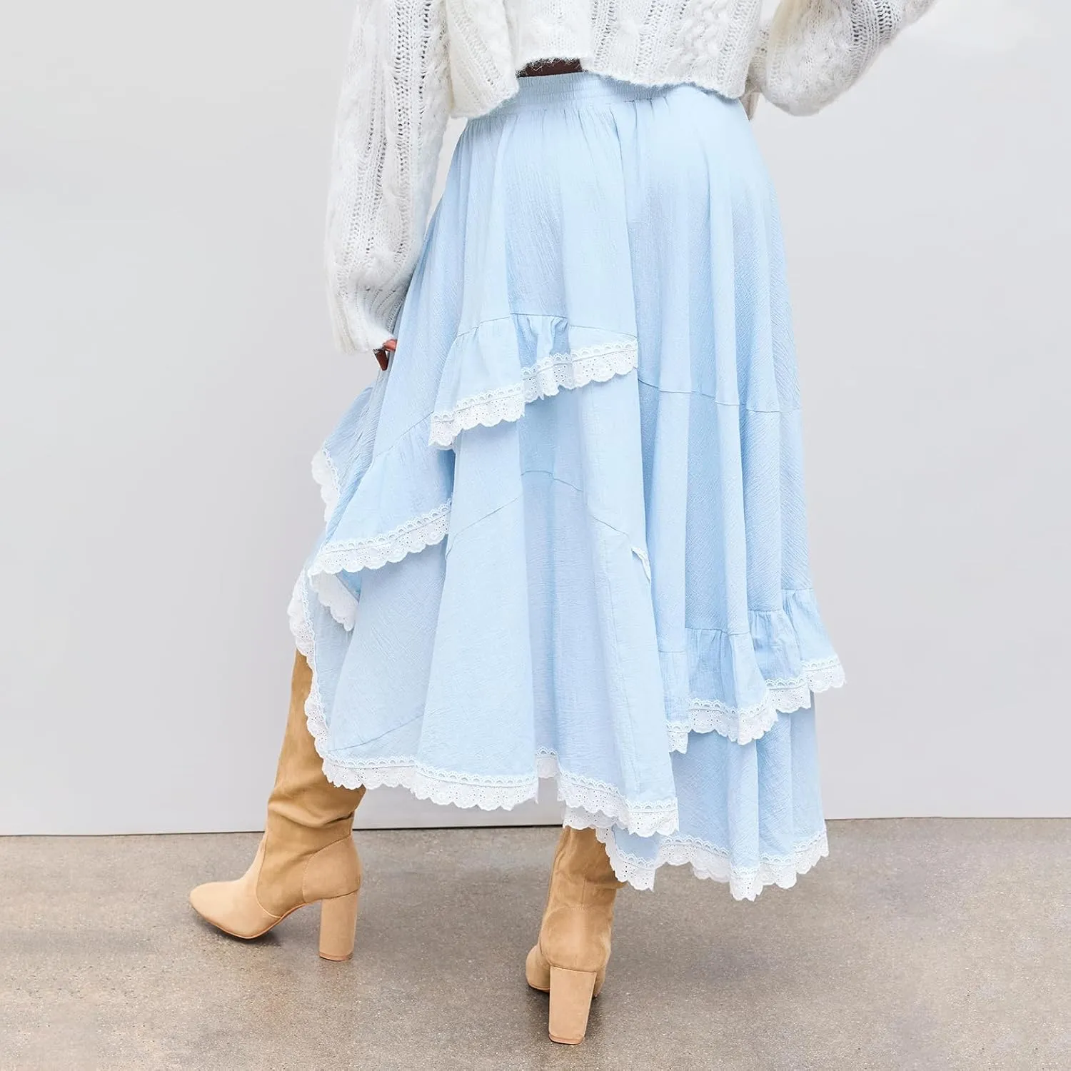 Mxiqqpltky Women's Lace Trim Flowy Skirt Y2k Elastic High Waist Asymmetrical Midi Skirts Fairy Ruched Ruffle Layered Skirts
