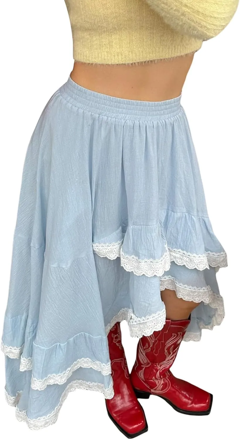 Mxiqqpltky Women's Lace Trim Flowy Skirt Y2k Elastic High Waist Asymmetrical Midi Skirts Fairy Ruched Ruffle Layered Skirts