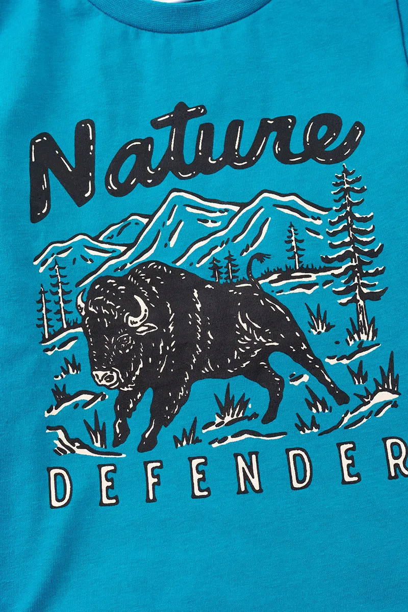 Nature Defender" Buffalo printed teal tee-shirt.TPB40099 SO