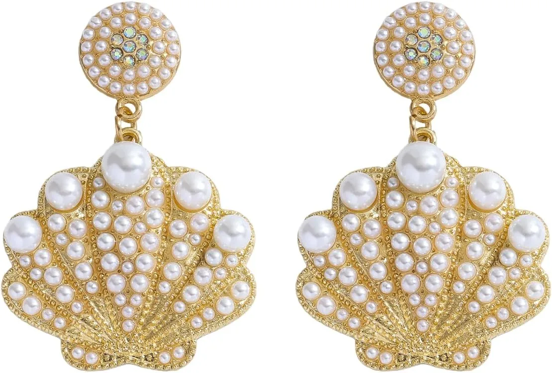 Ocean Shell Dangle Earrings for Women, Alloy Seashell Earring with Simulated Pearl, Hypoallergenic Summer Beach Ocean-Themed Jewelry Gift