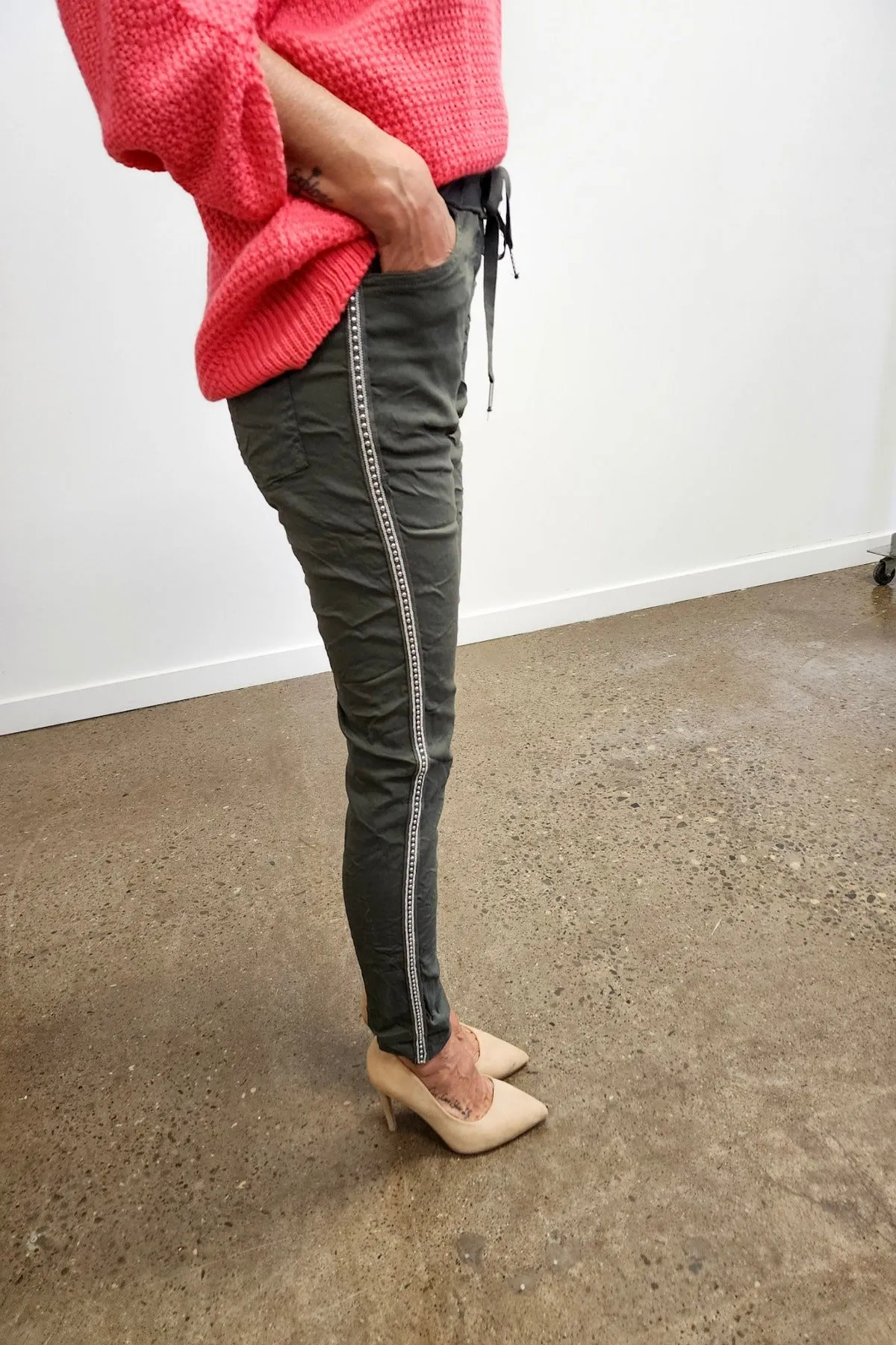 Olive Green Drawstring Crinkle Joggers With Studs