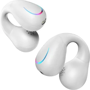 Open Ear Bone Conduction Headphones Bluetooth 5.3 Wireless Clip On Earbuds with Digital Display Charging Case 60 Hours Playtime Sport Earphones Built-in Mic IPX7 Waterproof for Running Fitness White