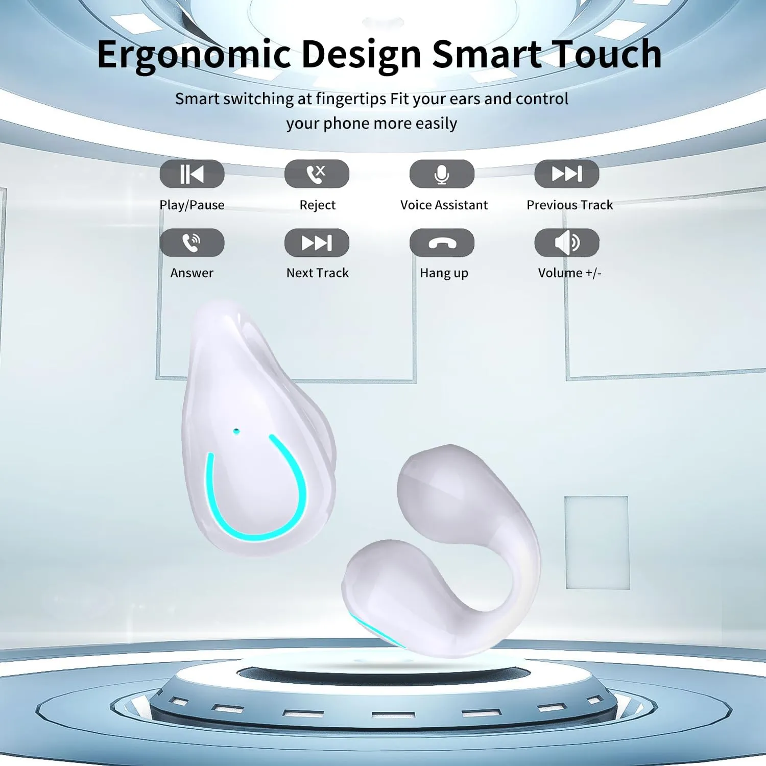 Open Ear Bone Conduction Headphones Bluetooth 5.3 Wireless Clip On Earbuds with Digital Display Charging Case 60 Hours Playtime Sport Earphones Built-in Mic IPX7 Waterproof for Running Fitness White