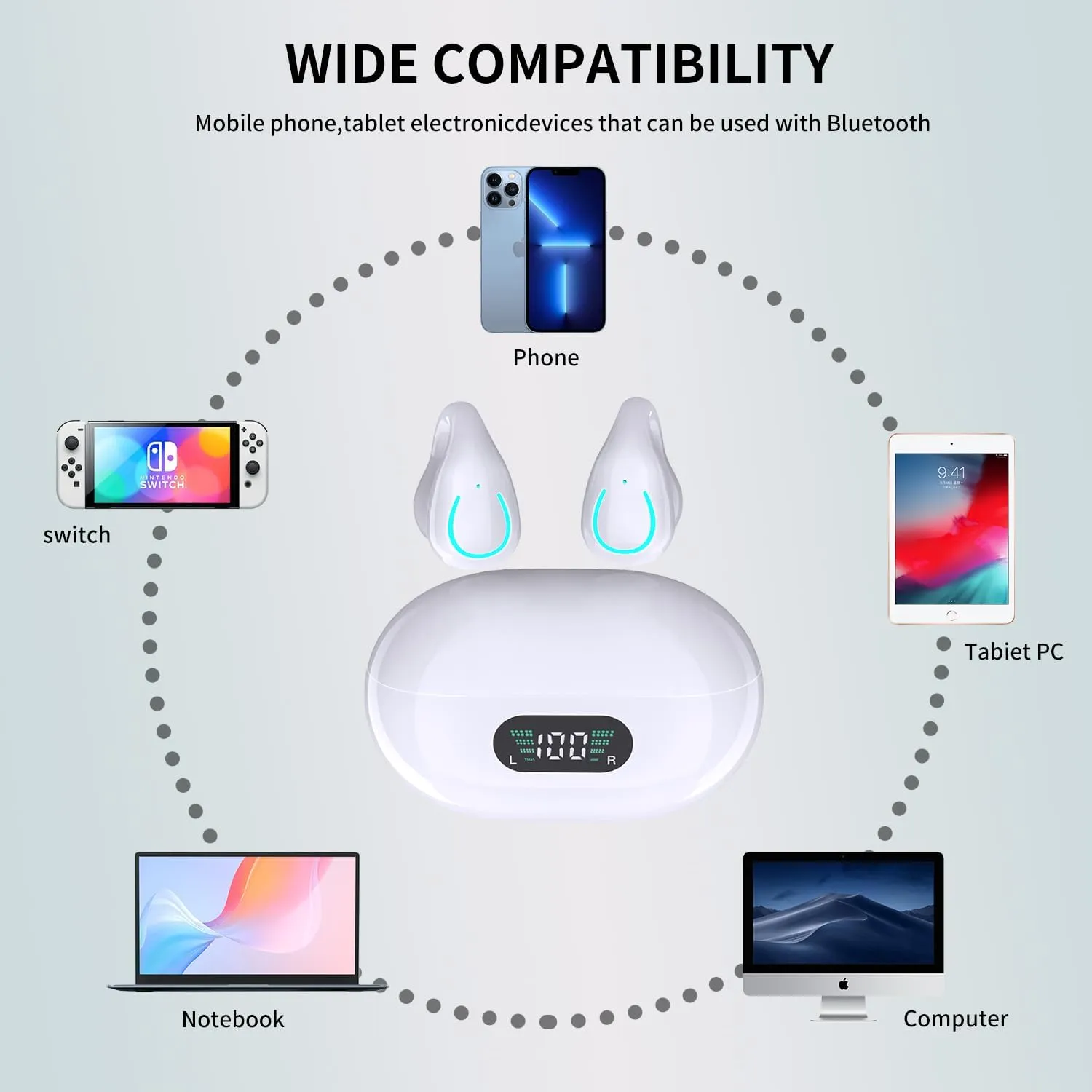 Open Ear Bone Conduction Headphones Bluetooth 5.3 Wireless Clip On Earbuds with Digital Display Charging Case 60 Hours Playtime Sport Earphones Built-in Mic IPX7 Waterproof for Running Fitness White