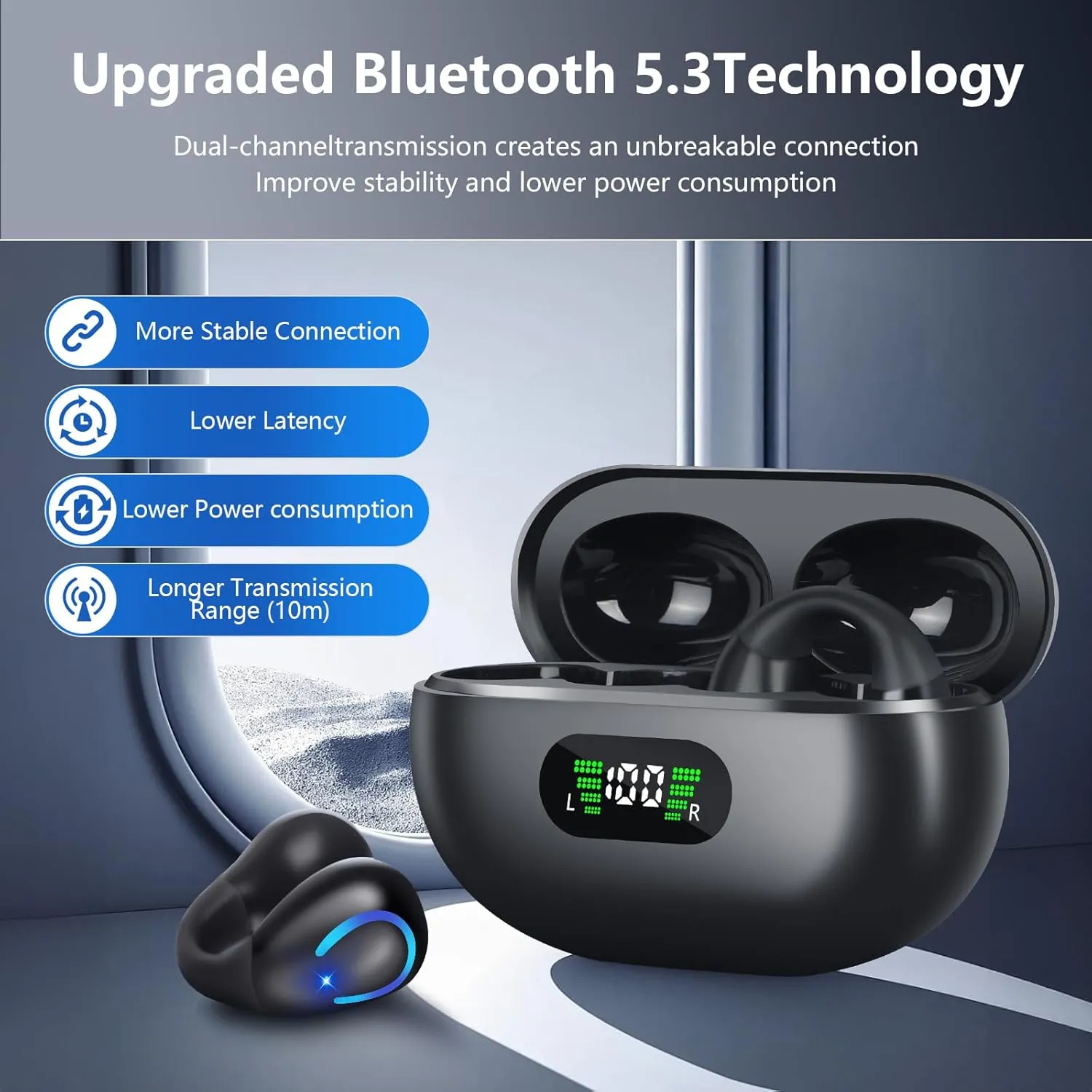 Open Ear Bone Conduction Headphones Bluetooth 5.3 Wireless Open Clip Ear Earbuds Built-in Mic with Ear Hooks 60 Hours Playtime Sport Earphones IPX7 Waterproof for Fitness Running Walking Black