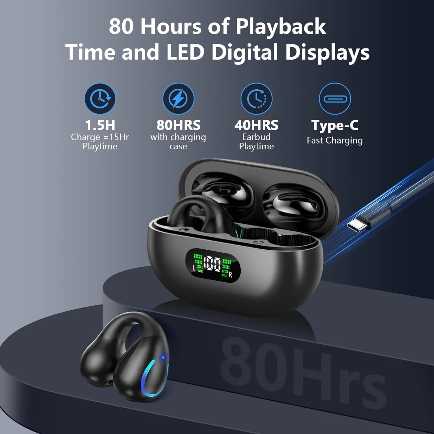 Open Ear Bone Conduction Headphones Bluetooth 5.3 Wireless Open Clip Ear Earbuds Built-in Mic with Ear Hooks 60 Hours Playtime Sport Earphones IPX7 Waterproof for Fitness Running Walking Black