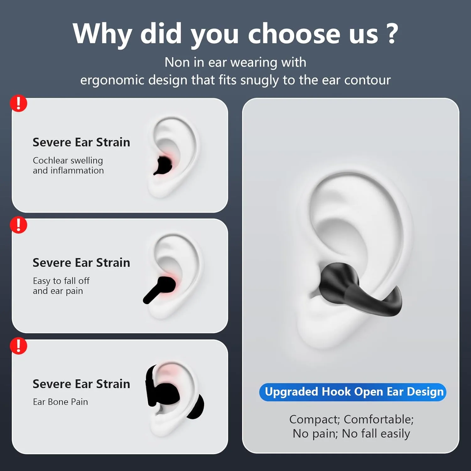 Open Ear Bone Conduction Headphones Bluetooth 5.3 Wireless Open Clip Ear Earbuds Built-in Mic with Ear Hooks 60 Hours Playtime Sport Earphones IPX7 Waterproof for Fitness Running Walking Black