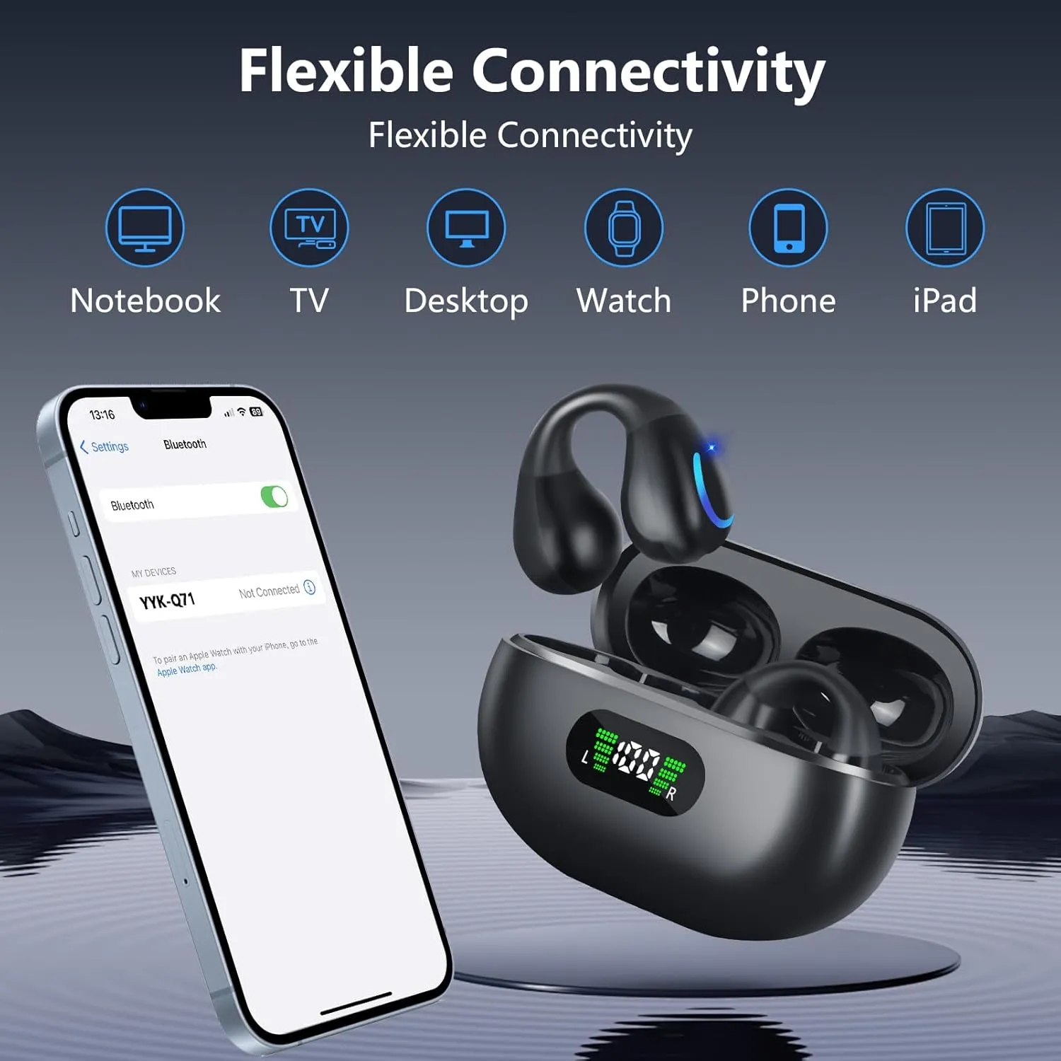 Open Ear Bone Conduction Headphones Bluetooth 5.3 Wireless Open Clip Ear Earbuds Built-in Mic with Ear Hooks 60 Hours Playtime Sport Earphones IPX7 Waterproof for Fitness Running Walking Black