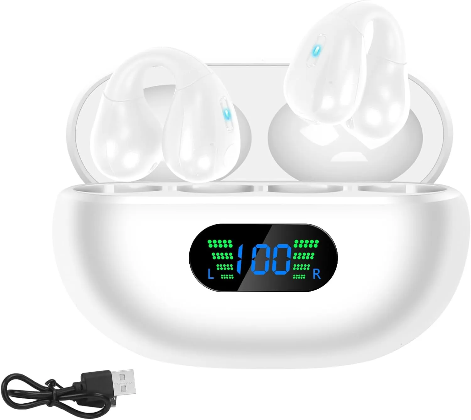 Open Ear Bone Conduction Headphones Clip-on Headphones,Wireless Earbuds Bluetooth 5.49 with LED Display Charging Case 60 Hours Playtime Waterproof for Running Walking, Workout(White)
