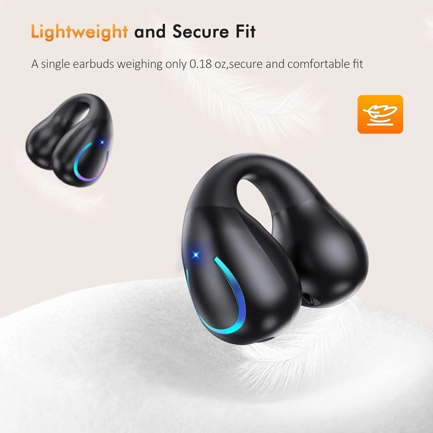Open Ear Headphones,True Wireless Bluetooth 5.3 Lightweight Comfort Bone Conduction Clip On Earbuds with LED Digital Display Charging Case Sport Built-in Mic IPX7 Waterproof for Running Fitness,Black