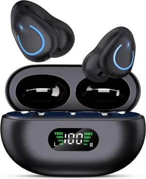 Open Ear Headphones,True Wireless Bluetooth 5.3 Lightweight Comfort Bone Conduction Clip On Earbuds with LED Digital Display Charging Case Sport Built-in Mic IPX7 Waterproof for Running Fitness,Black