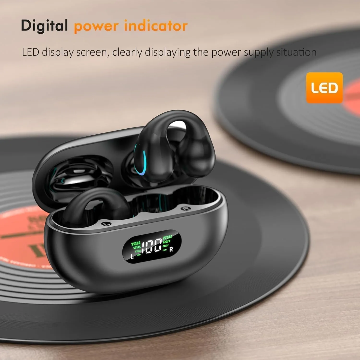 Open Ear Headphones,True Wireless Bluetooth 5.3 Lightweight Comfort Bone Conduction Clip On Earbuds with LED Digital Display Charging Case Sport Built-in Mic IPX7 Waterproof for Running Fitness,Black