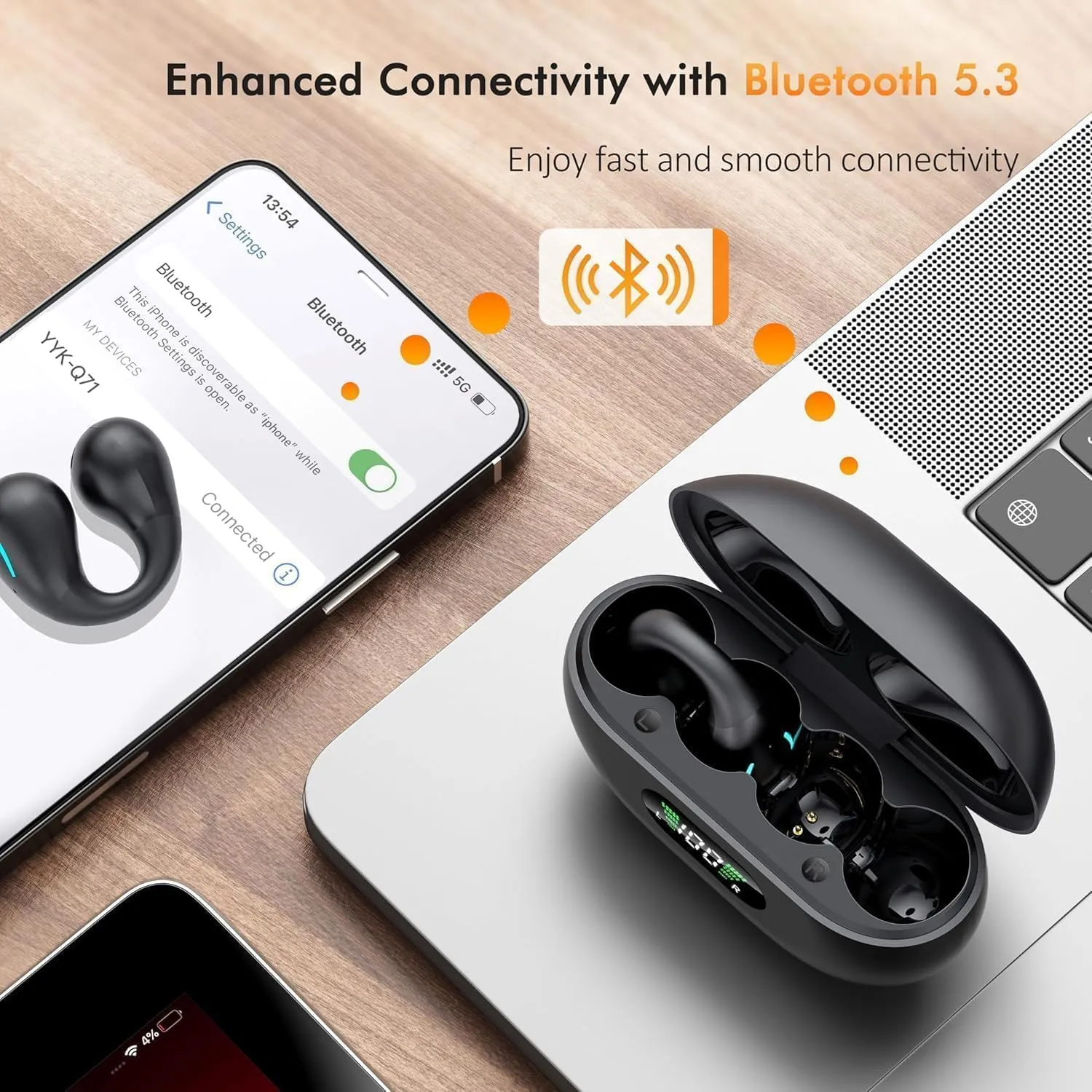 Open Ear Headphones,True Wireless Bluetooth 5.3 Lightweight Comfort Bone Conduction Clip On Earbuds with LED Digital Display Charging Case Sport Built-in Mic IPX7 Waterproof for Running Fitness,Black
