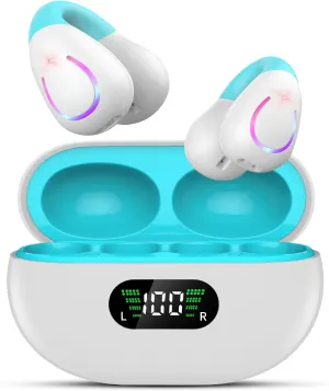 Open Ear Headphones,True Wireless Bluetooth 5.3 Lightweight Comfort Bone Conduction Clip On Earbuds with LED Digital Display Charging Case Sport Built-in Mic IPX7 Waterproof for Running Fitness,Blue
