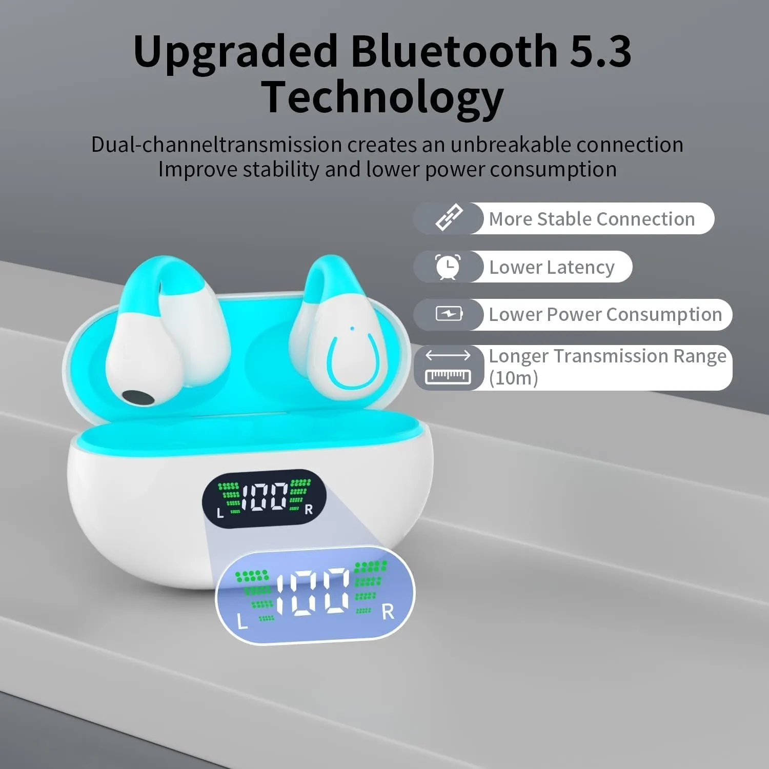 Open Ear Headphones,True Wireless Bluetooth 5.3 Lightweight Comfort Bone Conduction Clip On Earbuds with LED Digital Display Charging Case Sport Built-in Mic IPX7 Waterproof for Running Fitness,Blue