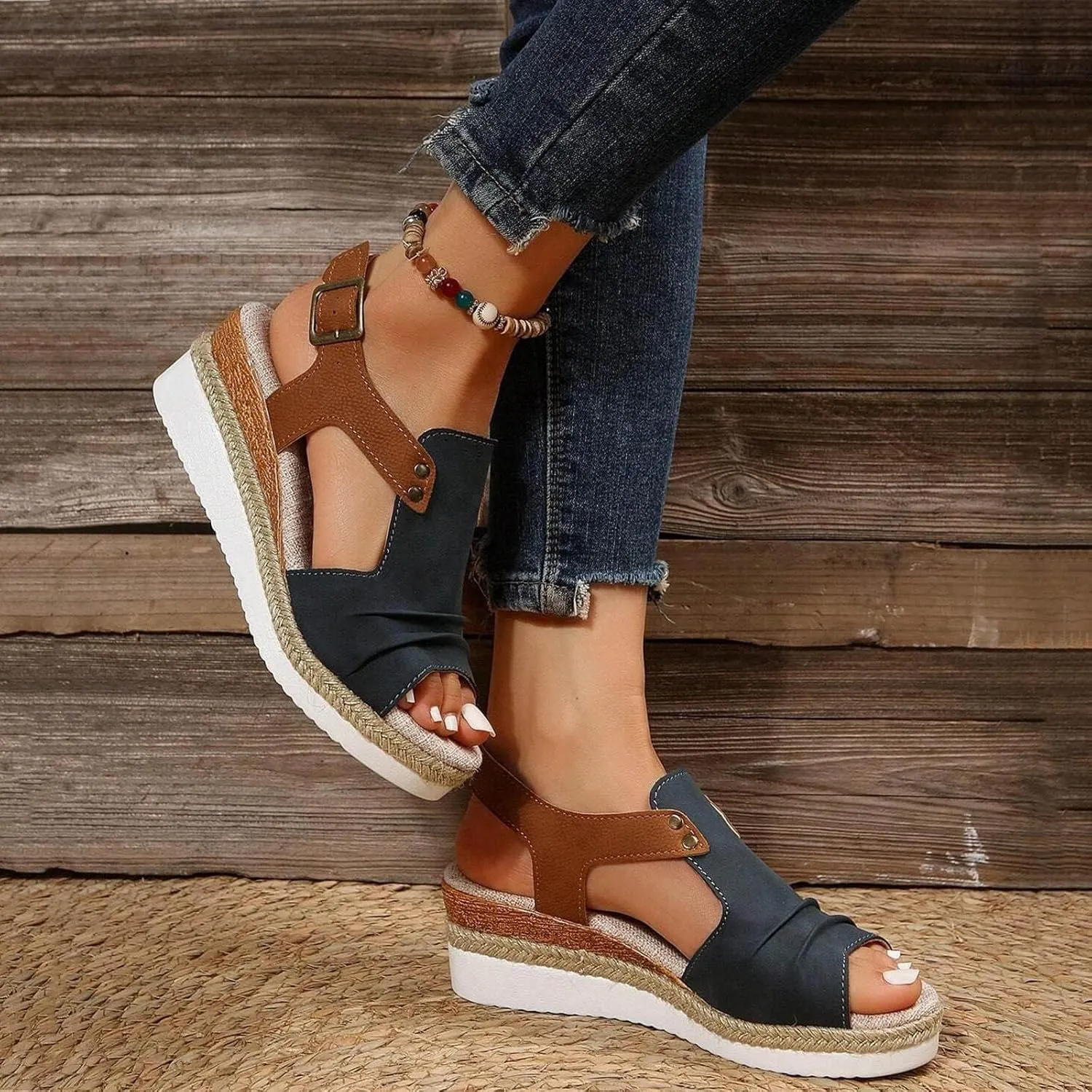 Orthopedic Platform Wedge Sandals for Women Summer Flat Open Toe Ankle Strap Espadrilles Casual Strappy Slip on Beach Boho Heels Walking Slippers with Arch Support Comfortable Outdoor Shoes