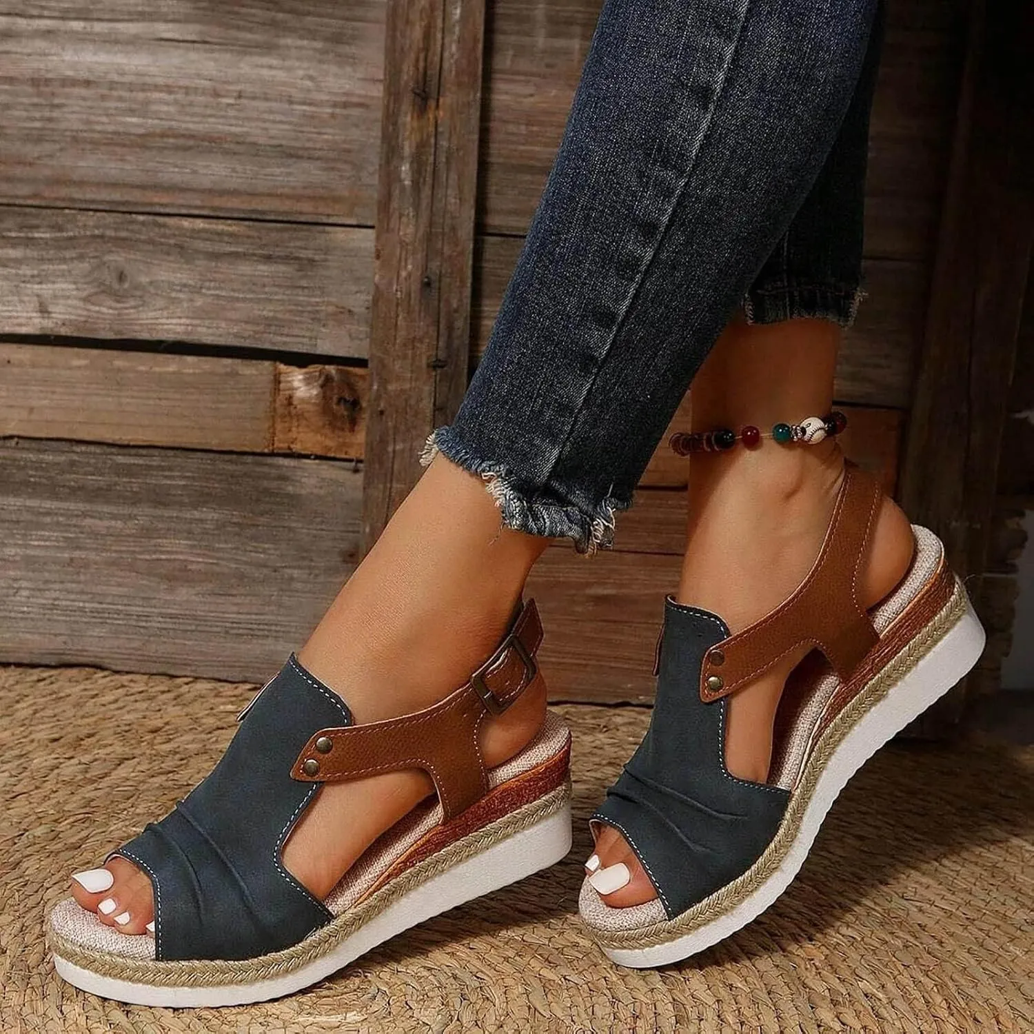 Orthopedic Platform Wedge Sandals for Women Summer Flat Open Toe Ankle Strap Espadrilles Casual Strappy Slip on Beach Boho Heels Walking Slippers with Arch Support Comfortable Outdoor Shoes