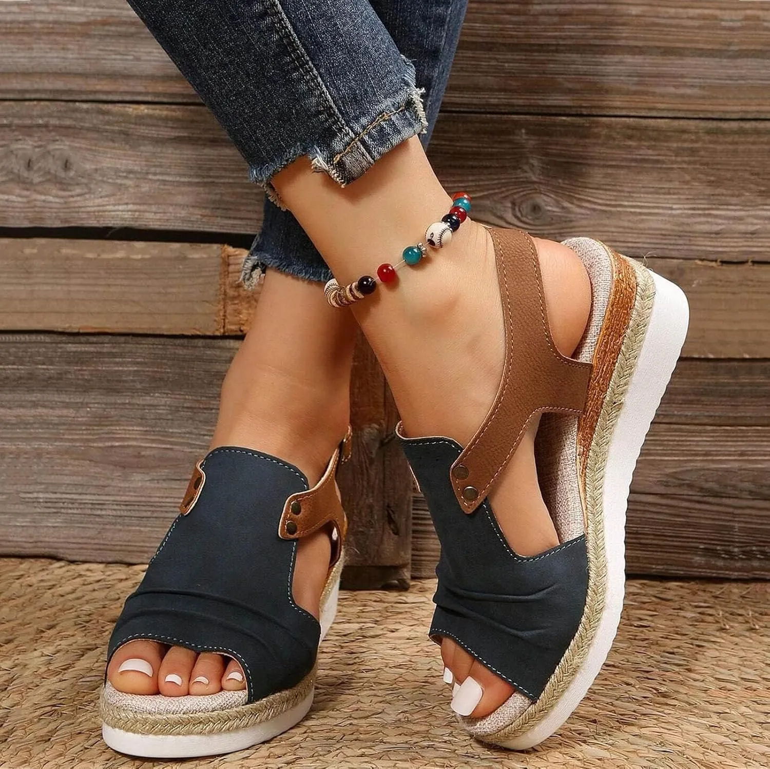 Orthopedic Platform Wedge Sandals for Women Summer Flat Open Toe Ankle Strap Espadrilles Casual Strappy Slip on Beach Boho Heels Walking Slippers with Arch Support Comfortable Outdoor Shoes