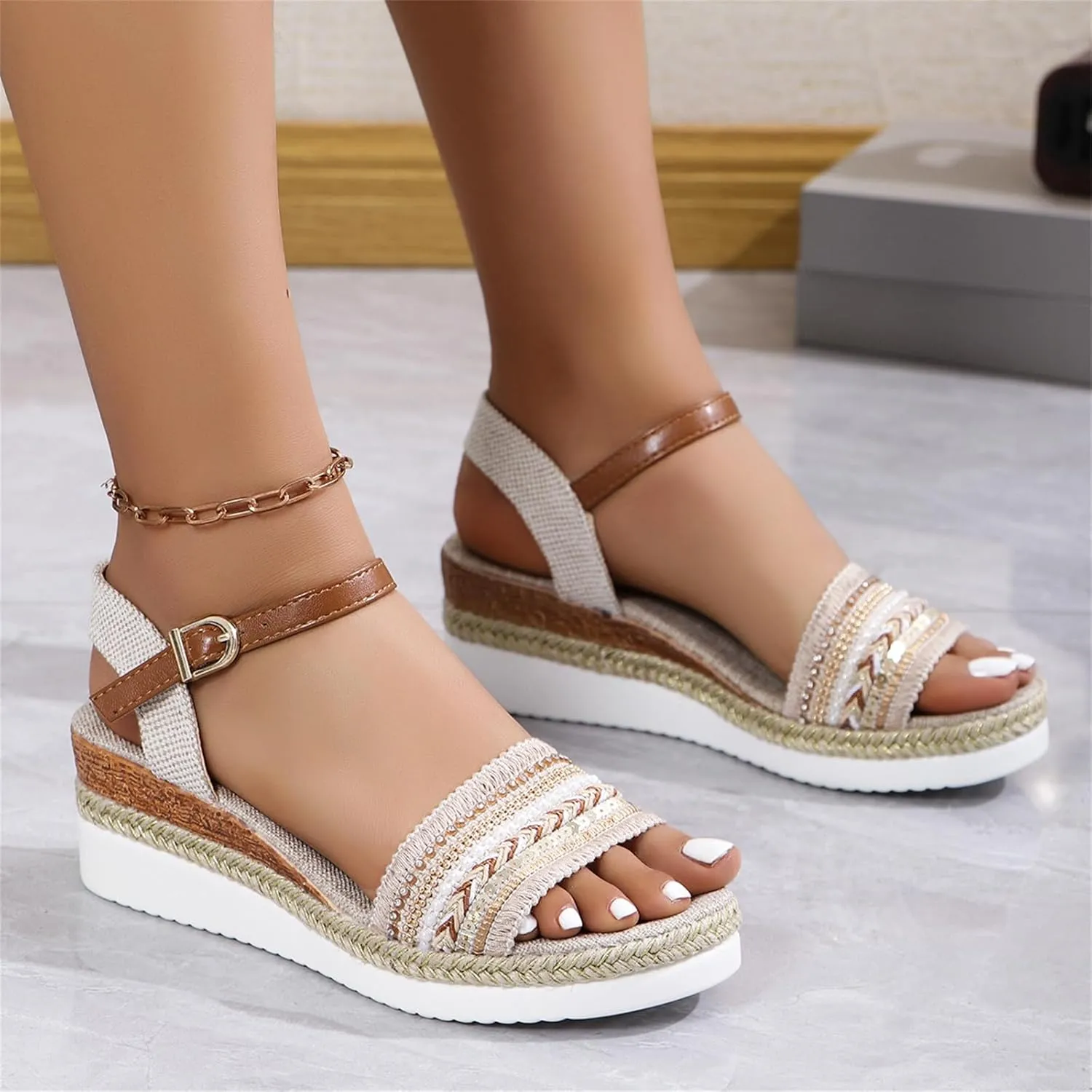 Orthopedic Platform Wedge Sandals for Women Summer Flat Open Toe Ankle Strap Espadrilles Sandals Casual Strappy Beach Boho Sandal Small Wedge Orthopedic Dress Sandal Comfortable Shoes 2025