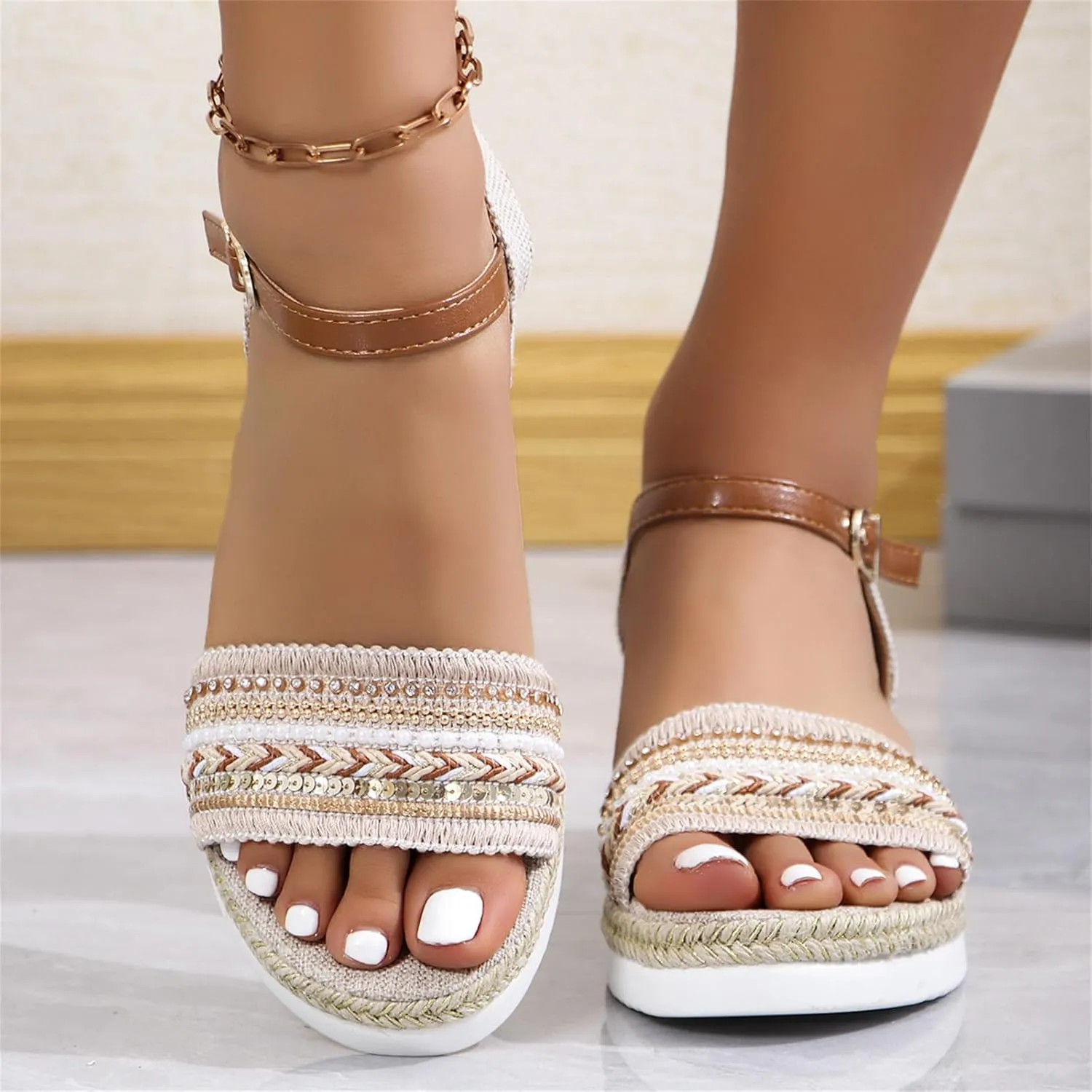 Orthopedic Platform Wedge Sandals for Women Summer Flat Open Toe Ankle Strap Espadrilles Sandals Casual Strappy Beach Boho Sandal Small Wedge Orthopedic Dress Sandal Comfortable Shoes 2025