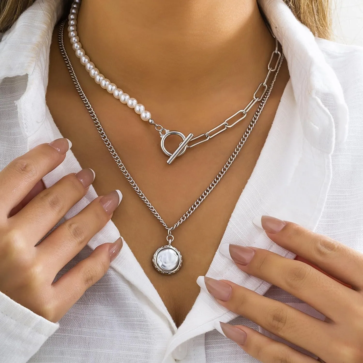 OT 14K Gold Plated Pearl Pendant Necklace - Vintage Charm Adjustable Choker Fashion Retro Charm Jewelry